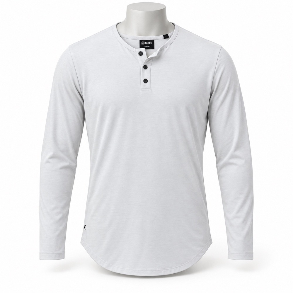 Cuts Henley Shirt Men Small Gray Elongated PYCA Pro Long Sleeve Curved Hem Tech